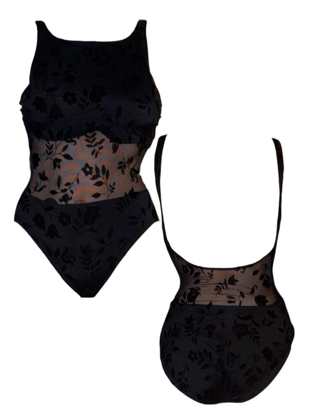 Vintage Adrienne Vitadini Black Floral Mesh Swim